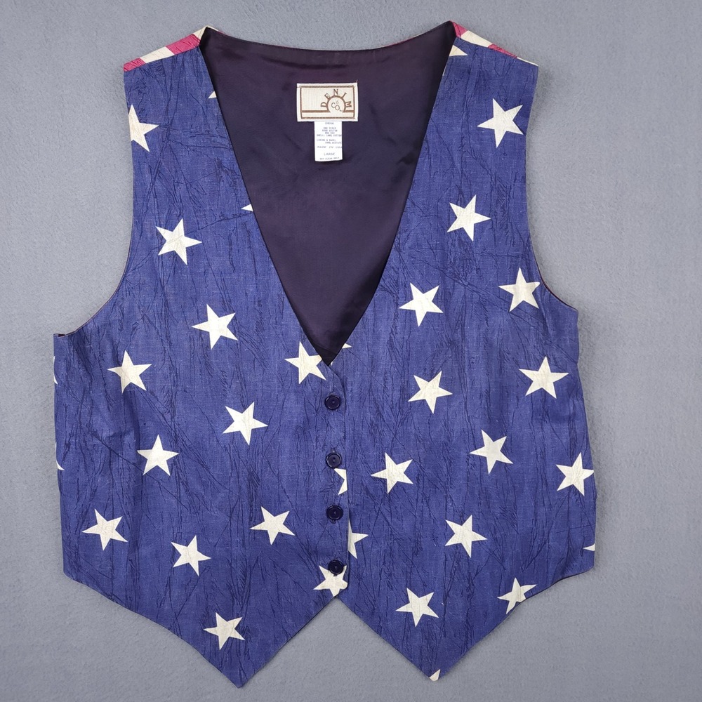 Womens Large Stars and Stripes Americana Patriotic V-Neck Button Vest Made USA‎